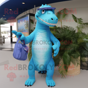 Blue Iguanodon mascot costume character dressed with a Bikini and Clutch bags