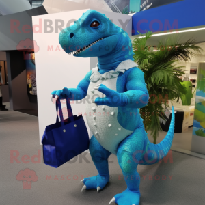 Blue Iguanodon mascot costume character dressed with a Bikini and Clutch bags