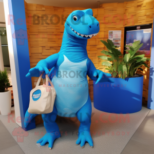 Blue Iguanodon mascot costume character dressed with a Bikini and Clutch bags