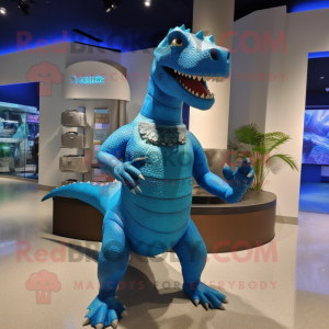 Blue Iguanodon mascot costume character dressed with a Bikini and Clutch bags