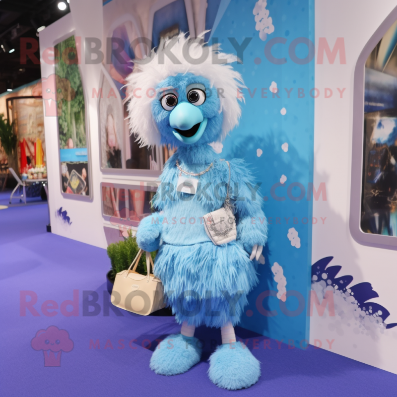 Sky Blue Emu mascot costume character dressed with a Playsuit and Handbags Sky Blue Emu mascot costume character dressed with a Playsuit and Handbags