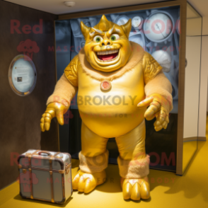 Gold Ogre mascot costume character dressed with a Playsuit and Briefcases