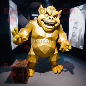 Gold Ogre mascot costume character dressed with a Playsuit and Briefcases
