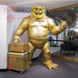 Gold Ogre mascot costume character dressed with a Playsuit and Briefcases