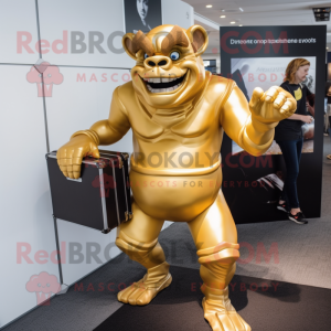 Gold Ogre mascot costume character dressed with a Playsuit and Briefcases
