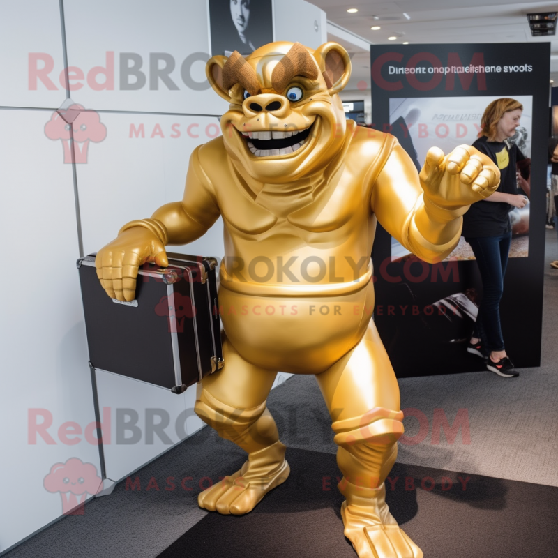 Gold Ogre mascot costume character dressed with a Playsuit and Briefcases Gold Ogre mascot costume character dressed with a Playsuit and Briefcases