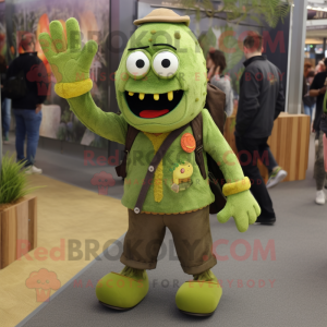 Olive Zombie mascot costume character dressed with a Cardigan and Foot pads