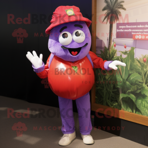 Lavender Tomato mascot costume character dressed with a Chinos and Caps