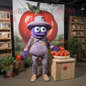 Lavender Tomato mascot costume character dressed with a Chinos and Caps