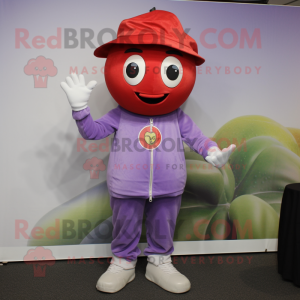 Lavender Tomato mascot costume character dressed with a Chinos and Caps