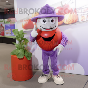 Lavender Tomato mascot costume character dressed with a Chinos and Caps