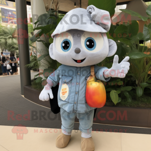 Silver Apricot mascot costume character dressed with a Denim Shorts and Wraps