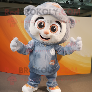 Silver Apricot mascot costume character dressed with a Denim Shorts and Wraps