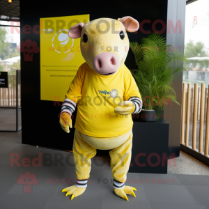 Yellow Tapir mascot costume character dressed with a Skinny Jeans and Wraps