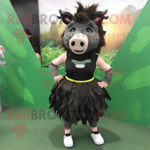 Black Wild Boar mascot costume character dressed with a Mini Skirt and Headbands