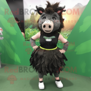 Black Wild Boar mascot costume character dressed with a Mini Skirt and Headbands