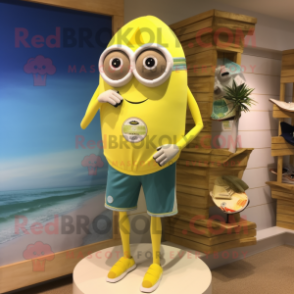 Lemon Yellow Engagement Ring mascot costume character dressed with a Board Shorts and Lapel pins