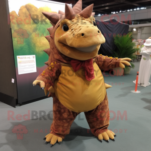 Brown Ankylosaurus mascot costume character dressed with a Corduroy Pants and Cummerbunds