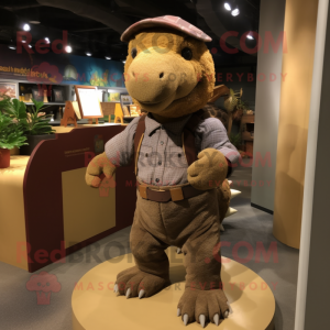 Brown Ankylosaurus mascot costume character dressed with a Corduroy Pants and Cummerbunds