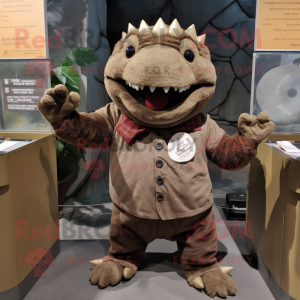Brown Ankylosaurus mascot costume character dressed with a Corduroy Pants and Cummerbunds