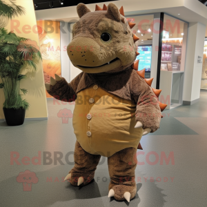 Brown Ankylosaurus mascot costume character dressed with a Corduroy Pants and Cummerbunds