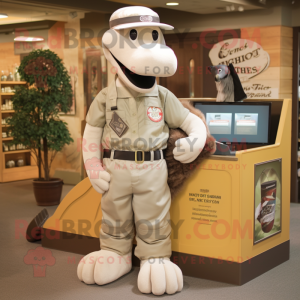 Cream Loch Ness Monster mascot costume character dressed with a Cargo Shorts and Caps