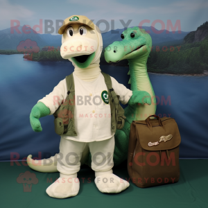 Cream Loch Ness Monster mascot costume character dressed with a Cargo Shorts and Caps