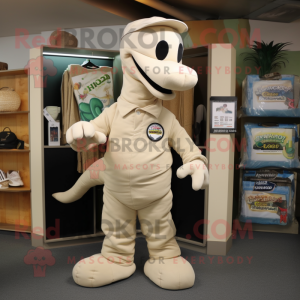 Cream Loch Ness Monster mascot costume character dressed with a Cargo Shorts and Caps