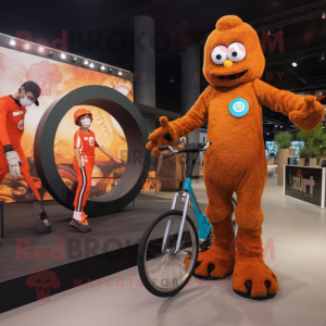 Rust Unicyclist mascot costume character dressed with a Graphic Tee and Watches