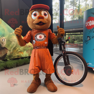 Rust Unicyclist mascot costume character dressed with a Graphic Tee and Watches