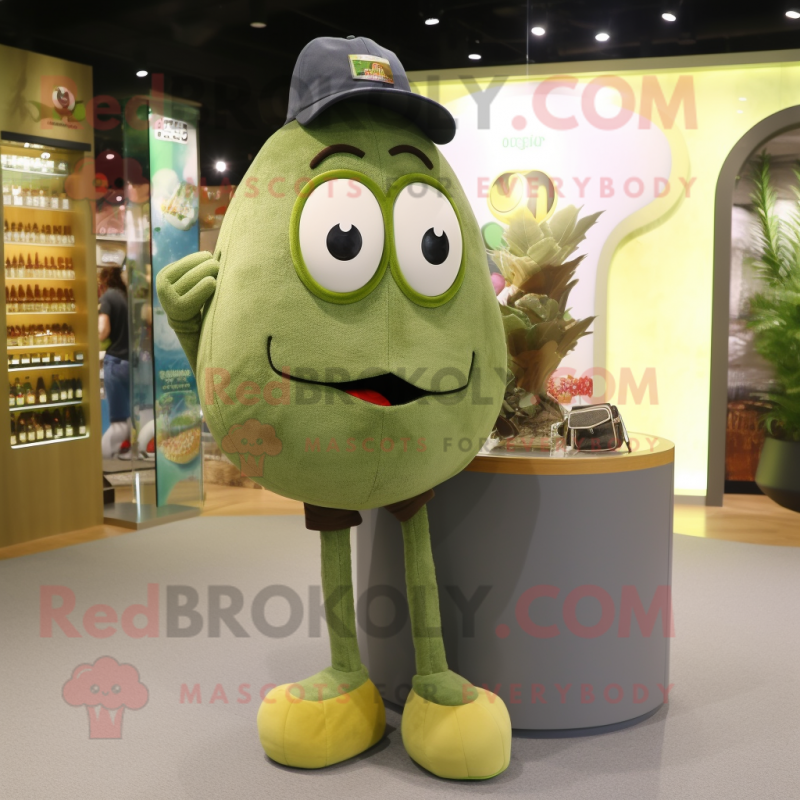 Olive Meatballs mascot costume character dressed with a Jeans and Coin purses Olive Meatballs mascot costume character dressed with a Jeans and Coin purses
