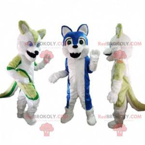 3 mascottes de husky, costumes de husky, déguisements de chiens