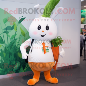 White Carrot mascot costume character dressed with a Dress and Backpacks