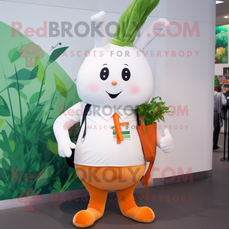 White Carrot mascot costume character dressed with a Dress and Backpacks White Carrot mascot costume character dressed with a Dress and Backpacks