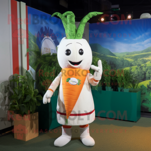 White Carrot mascot costume character dressed with a Dress and Backpacks