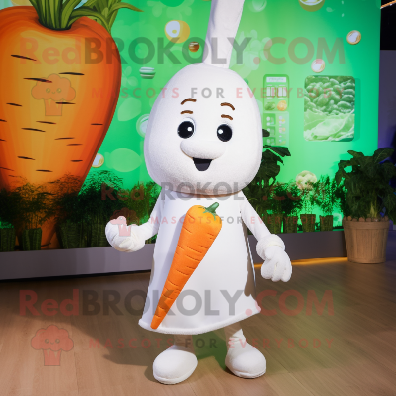 White Carrot mascot costume character dressed with a Dress and Backpacks White Carrot mascot costume character dressed with a Dress and Backpacks