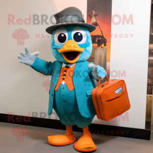 Teal Orange mascot costume character dressed with a Oxford Shirt and Handbags
