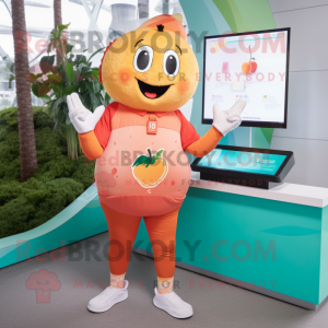 Peach Fried Rice mascot costume character dressed with a Capri Pants and Digital watches