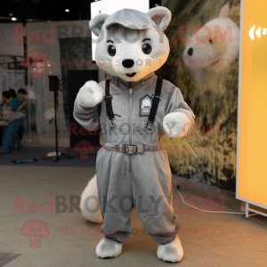 Silver Marten mascot costume character dressed with a Overalls and Headbands