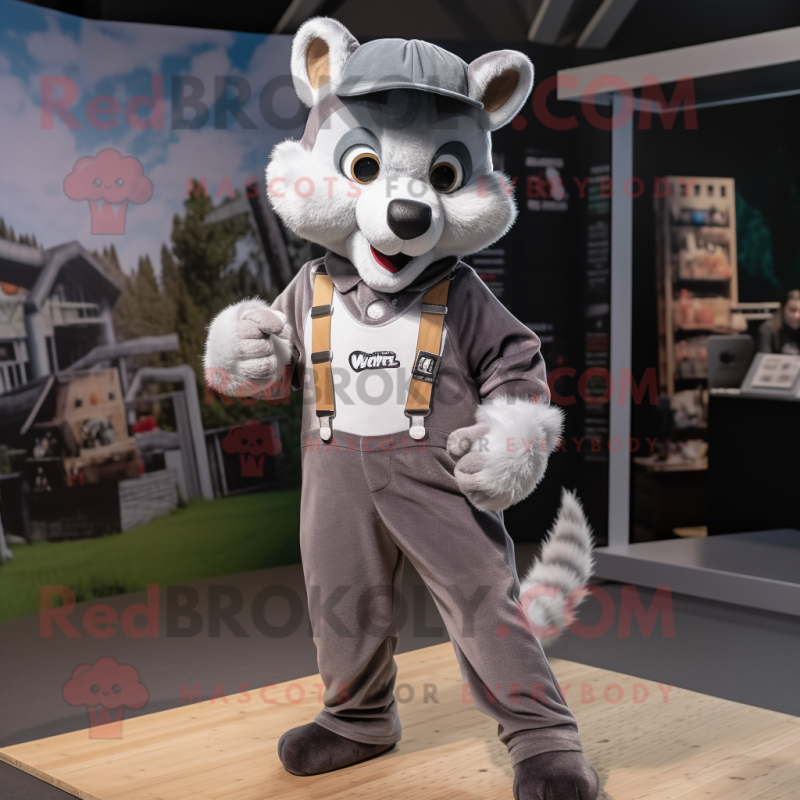 Silver Marten mascot costume character dressed with a Overalls and Headbands Silver Marten mascot costume character dressed with a Overalls and Headbands