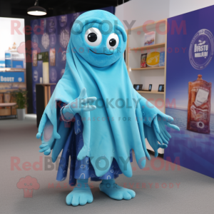 Sky Blue Kraken mascot costume character dressed with a Cover-up and Scarf clips
