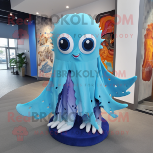 Sky Blue Kraken mascot costume character dressed with a Cover-up and Scarf clips