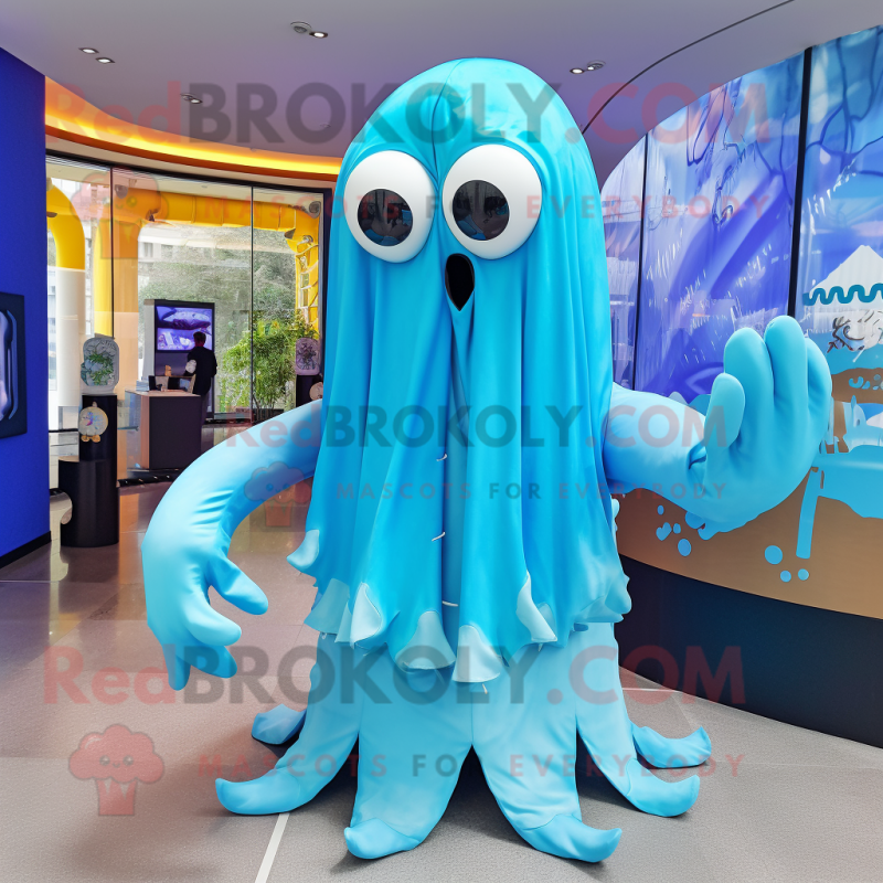 Sky Blue Kraken mascot costume character dressed with a Cover-up and Scarf clips