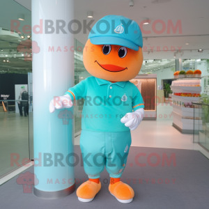 Cyan Apricot mascot costume character dressed with a Polo Tee and Caps
