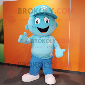 Cyan Apricot mascot costume character dressed with a Polo Tee and Caps