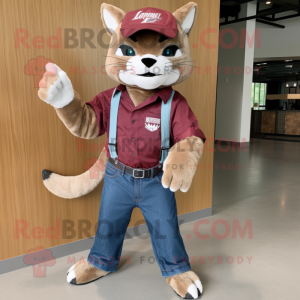 Maroon Bobcat mascot costume character dressed with a Chambray Shirt and Messenger bags