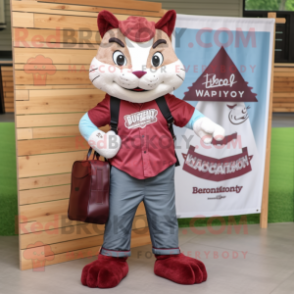 Maroon Bobcat mascot costume character dressed with a Chambray Shirt and Messenger bags