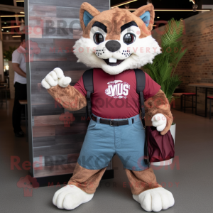 Maroon Bobcat mascot costume character dressed with a Chambray Shirt and Messenger bags