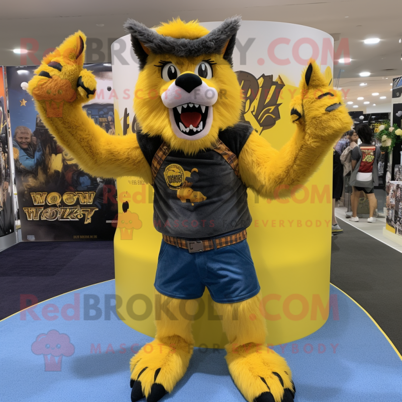 Yellow Werewolf mascot costume character dressed with a Tank Top and Berets Yellow Werewolf mascot costume character dressed with a Tank Top and Berets