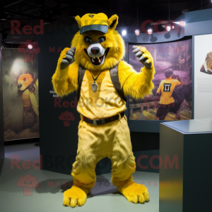 Yellow Werewolf mascot costume character dressed with a Tank Top and Berets